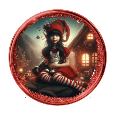 Zaya, the Elf and Peppermint Cat in round Red Image. 