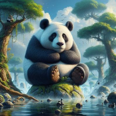 Panda sitting on rock by best friend Angel. 